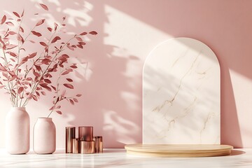 A minimalist display with vases, a marble backdrop, and soft lighting.