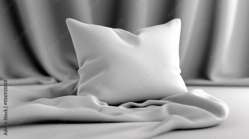 Poster soft white pillow on flowing fabric with gentle drapery and subtle texture in neutral tones for mode