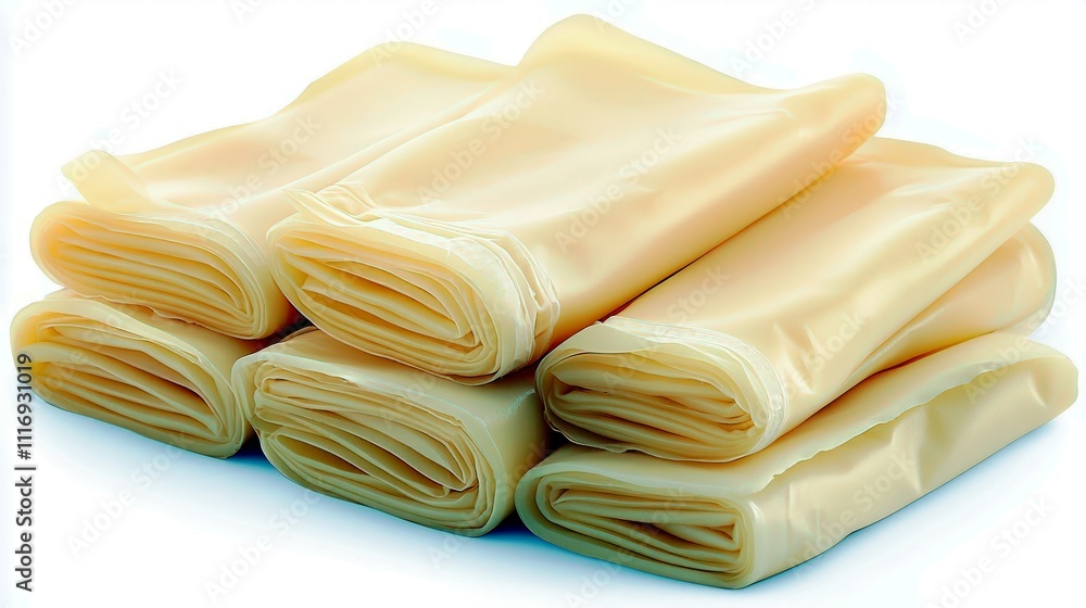 Poster soft and smooth light beige satin sheets stacked neatly in a bundle for elegant home decor and beddi