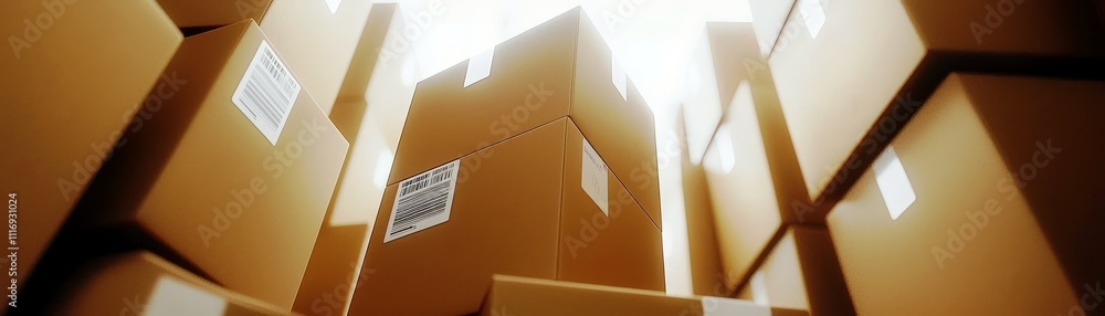 Poster sunlit warehouse filled with stacked cardboard boxes in various sizes showing shipping labels and te