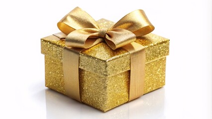 Obraz premium Gold glitter gift box with a bow on white background