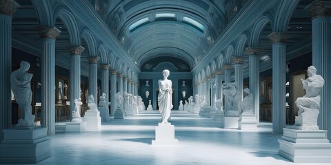 Exhibition Hall of Greek Sculptures Classic Museum Display of Marble Statues and Renaissance Art