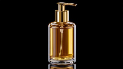 Elegant Glass Pump Bottle with Golden Lid Displaying Light Brown Liquid on a Black Background