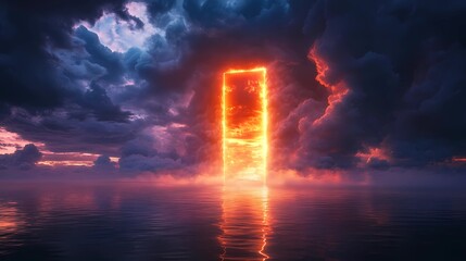 Fototapeta premium Glowing rectangular portal illuminates the darkened horizon as fiery orange hues dance above the tranquil waters at dusk