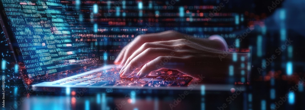 Poster futuristic digital workspace programmer typing on laptop big data management cyberpunk aesthetics ne