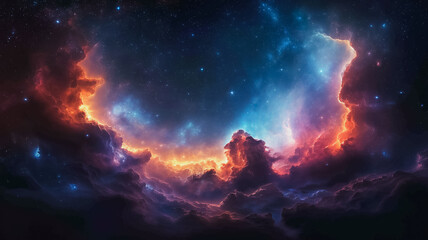 Fototapeta premium A colorful galaxy with a large orange cloud in the center. The sky is filled with stars and clouds, creating a sense of wonder and awe