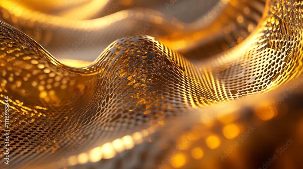Poster waves of golden mesh creating a dynamic texture in close-up view from a unique perspective