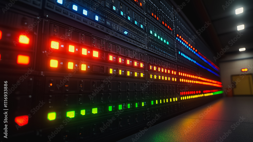 Poster a computer server room with many lights on. the lights are in different colors and are arranged in a