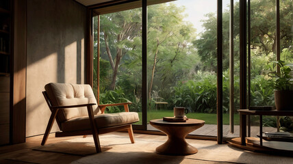 Fototapeta premium Cozy Minimalist Living Room with Natural Lighting and Relaxing Atmosphere