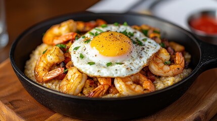 Delicious shrimp and egg skillet dish restaurant kitchen food cozy atmosphere close-up culinary delight