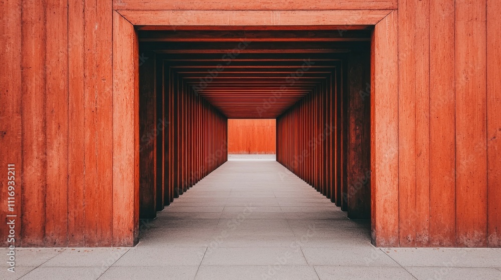 Poster exploring modern architecture minimalist wooden passageway urban setting symmetrical design perspect