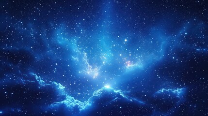 Fototapeta premium Abstract Blue Cosmic Background with Light Rays and Glowing Particles in a Starry Sky