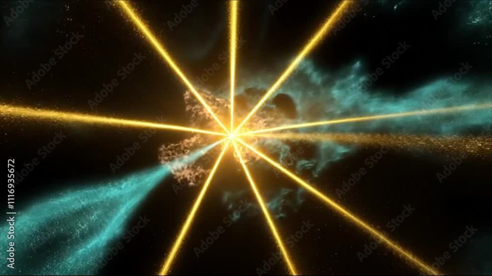 Poster exploring a futuristic animation showcasing eruption effects in a cosmic environment with vibrant co