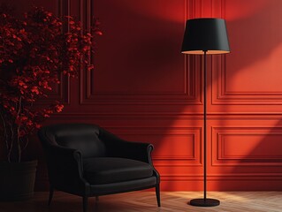 Modern Living Room with Black Armchair and Dramatic Lighting on Terracotta Maroon Wall