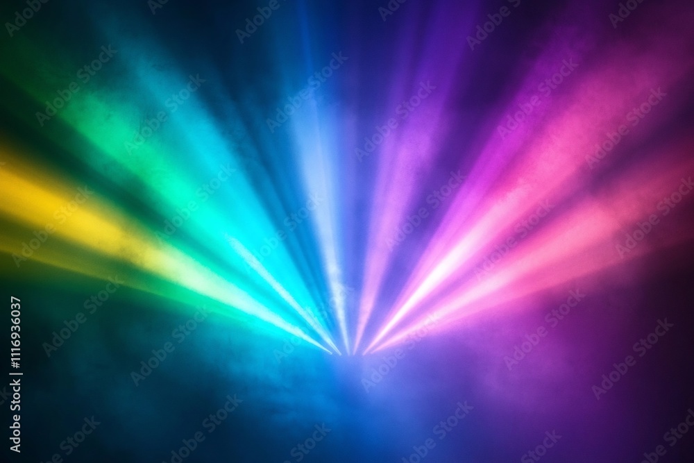 Poster mesmerizing rainbow light rays bursting from central source in dramatic concert setting