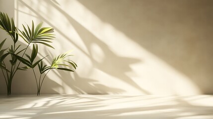 A serene indoor space featuring plants casting shadows on a textured wall.