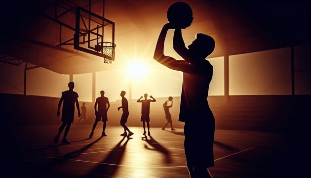 A basketball player shooting a free throw, silhouette, action photography, aesthetics,