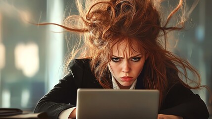 Frustrated businesswoman with messy hair working on laptop.