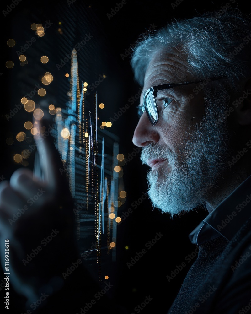 Poster data visualization insights office digital art dark environment close-up view technology concept for