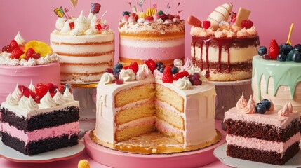 Indulge in a deliciously vibrant world of cakes, where layers of fluffy sponge meet luscious frosting, inviting you to explore a celebration of flavors and creativity in every delightful slice 