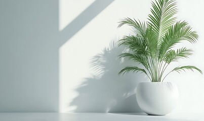 Obraz premium A potted plant casts shadows on a minimalist white wall, creating a serene atmosphere.