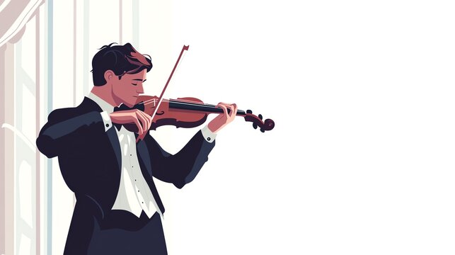 a 2D cartoon illustration of a violinist performing at a concert, classical and elegant, white background--ar 16:9