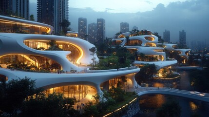 Futuristic architectural design featuring organic shapes and integrated greenery in an urban setting.