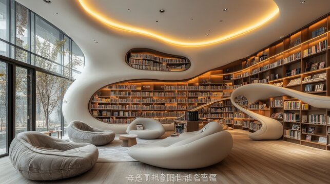 A modern library interior featuring fluid design with bookshelves and cozy seating areas.