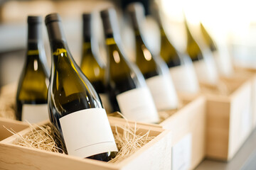 A refined presentation of glass bottles with blank labels in wooden crates