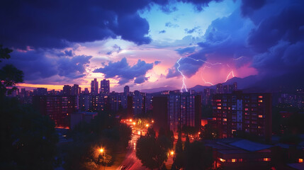 Obraz premium Dramatic cityscape at sunset with lightning striking over buildings and mountains.