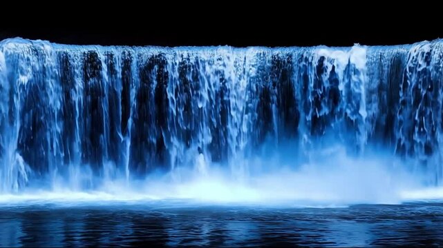 Majestic waterfall illuminated by blue lights at night, creating a stunning visual experience