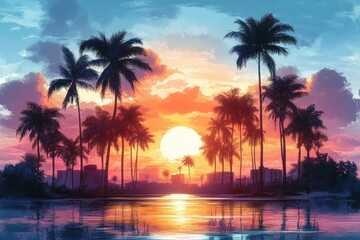 Obraz premium Watercolor Tropical Sunset with Palm Trees Beach Ocean Scenic Illustration