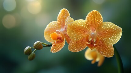 Dew Covered Orange Orchids Bloom Beautifully