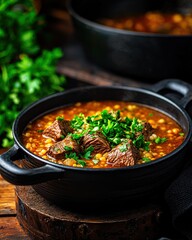 Savory beef soup preparation rustic kitchen food cozy atmosphere close-up view comforting flavors
