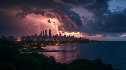 Naklejka premium Dramatic lightning storm over a city skyline at night, seen from across a body of water.