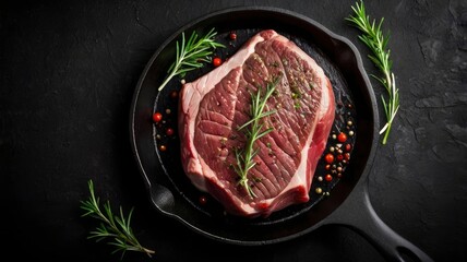  Fresh Raw sirloin rump steak in a skillet with herbs. Black background. Top view. Copy space