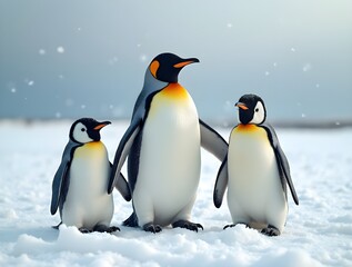 Obraz premium Penguins standing in the snow under a winter sky in their natural habitat.