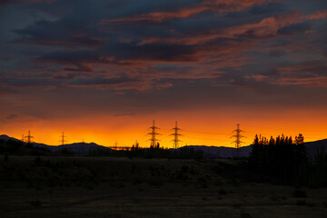 Fototapeta premium Early Morning Sunrise Hydro Electricity Powerlines