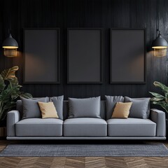 Modern Living Room with Grey Sofa and Three Empty Picture Frames on Black Wall