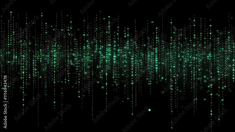 Poster abstract digital representation of data streams in green tones.