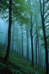 Fototapeta premium Misty forest with tall trees and lush greenery creates a serene atmosphere.