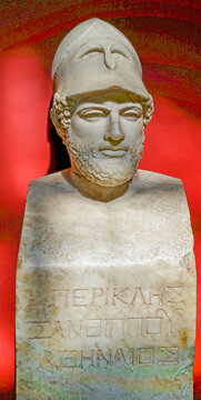 Pericles with the Corinthian helmet, by Kresilas in 410 BC. he was a Greek sculptor in the Classical period (5th century BC), from Kydonia. Vatican Museum. Italy, 2017