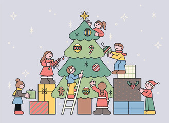 Naklejka premium Christmas. Cute characters gather together to decorate the tree.