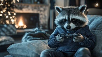 A raccoon character in a cozy setting playing video games by a fireplace.