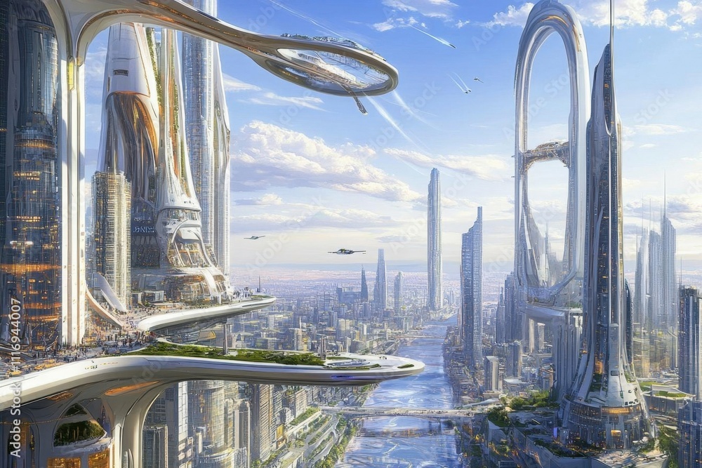 Poster futuristic cityscape with advanced architecture and transportation systems.