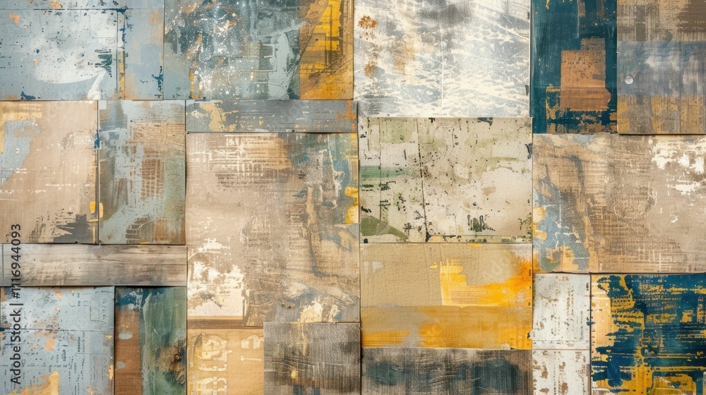 Poster abstract artwork featuring textured panels in muted colors and patterns.