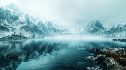 Obraz premium Peaceful Foggy Lake Surrounded by Mountains.
