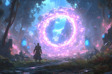 A lone figure stands before a mystical portal in an enchanted forest.