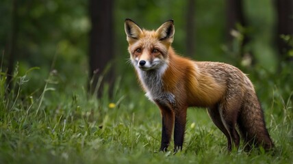 Fototapeta premium Red Fox Standing in A Green Nature Background in A National Park