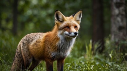 Fototapeta premium Red Fox Standing in A Green Nature Background in A National Park
